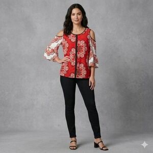 Chicos Womens 2 Plus Size Cold Shoulder Bell Sleeve Top Red Mandala Medallion